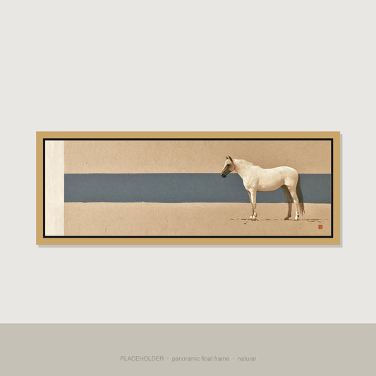 Minimalist Horizon Horse Landscape panoramic canvas wall art in natural float frame