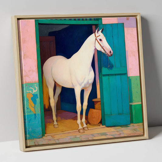 The Turquoise Door horse stable canvas wall art in natural frame