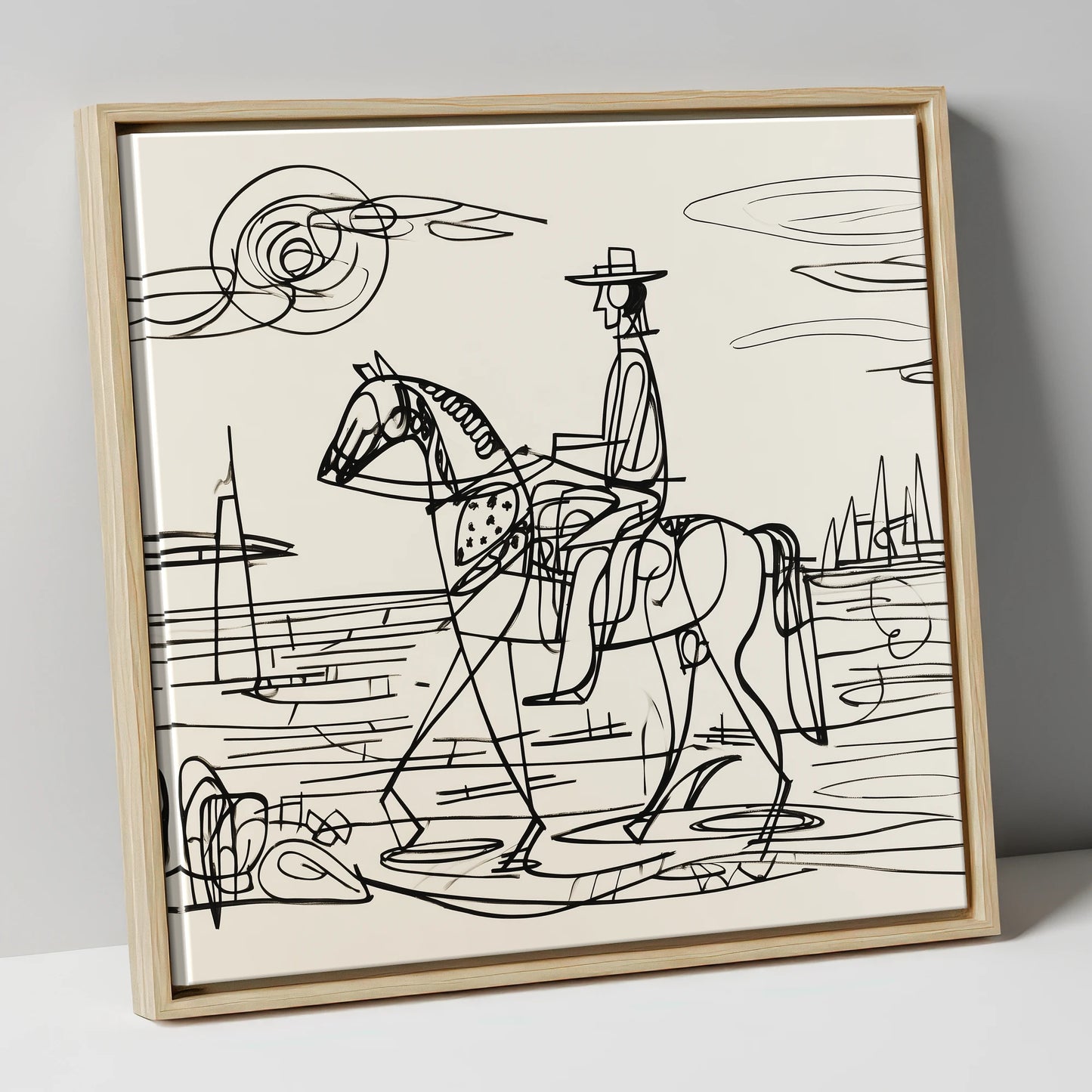Abstract Coastal Ride beach horse canvas wall art in natural frame