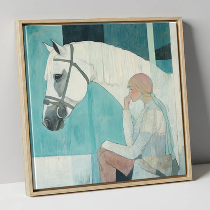 Quiet Contemplation horse & rider canvas wall art in natural frame