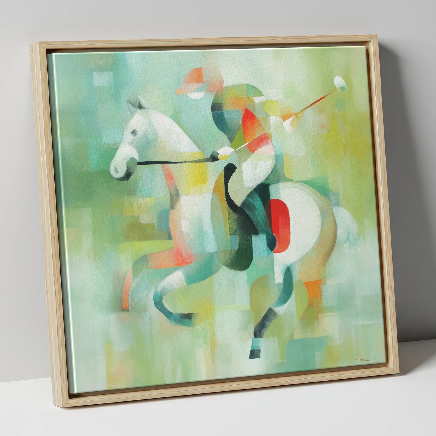 Abstract Polo Canter polo horse canvas wall art in natural frame