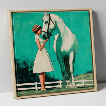 A Moment In Teal horse & rider canvas wall art in natural frame