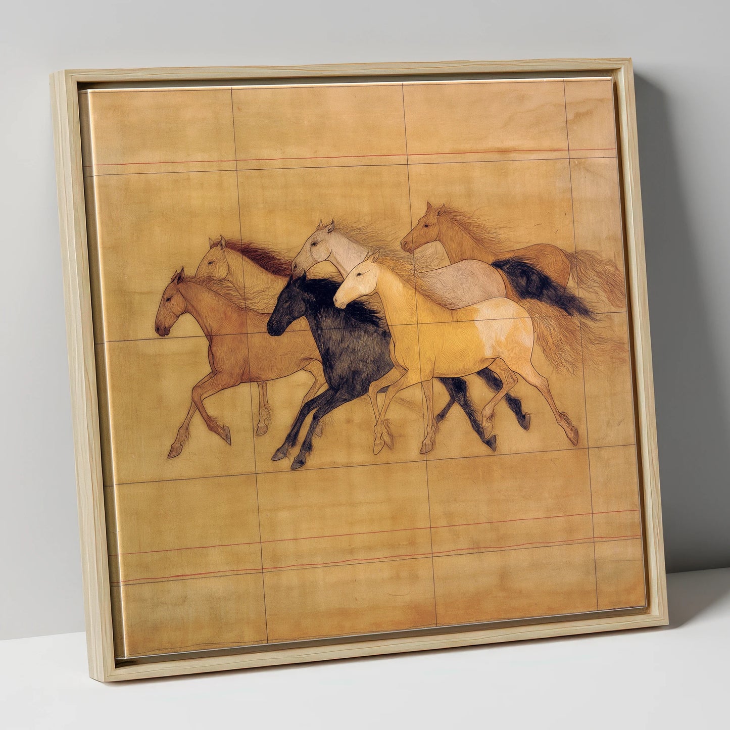 Classical Herd Study wild horses canvas wall art in natural frame