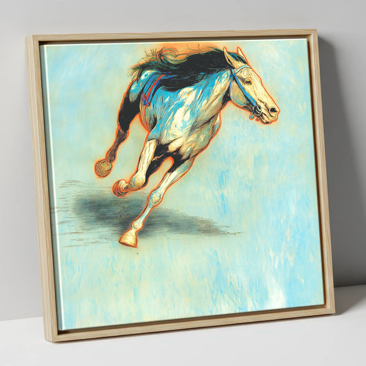 Cerulean Sprint racing horse canvas wall art in natural frame