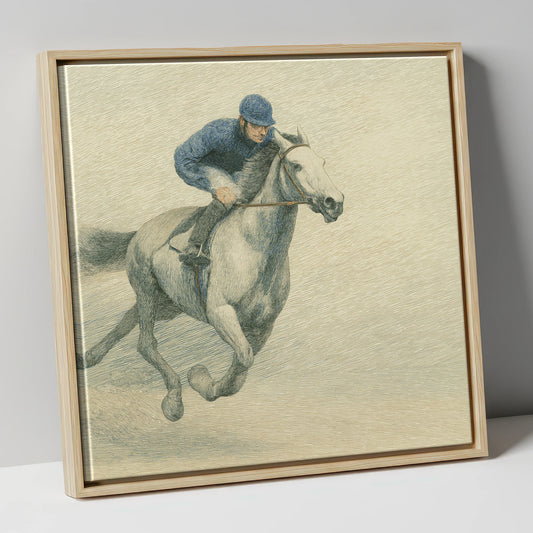 Racing the Grey racing horse canvas wall art in natural frame