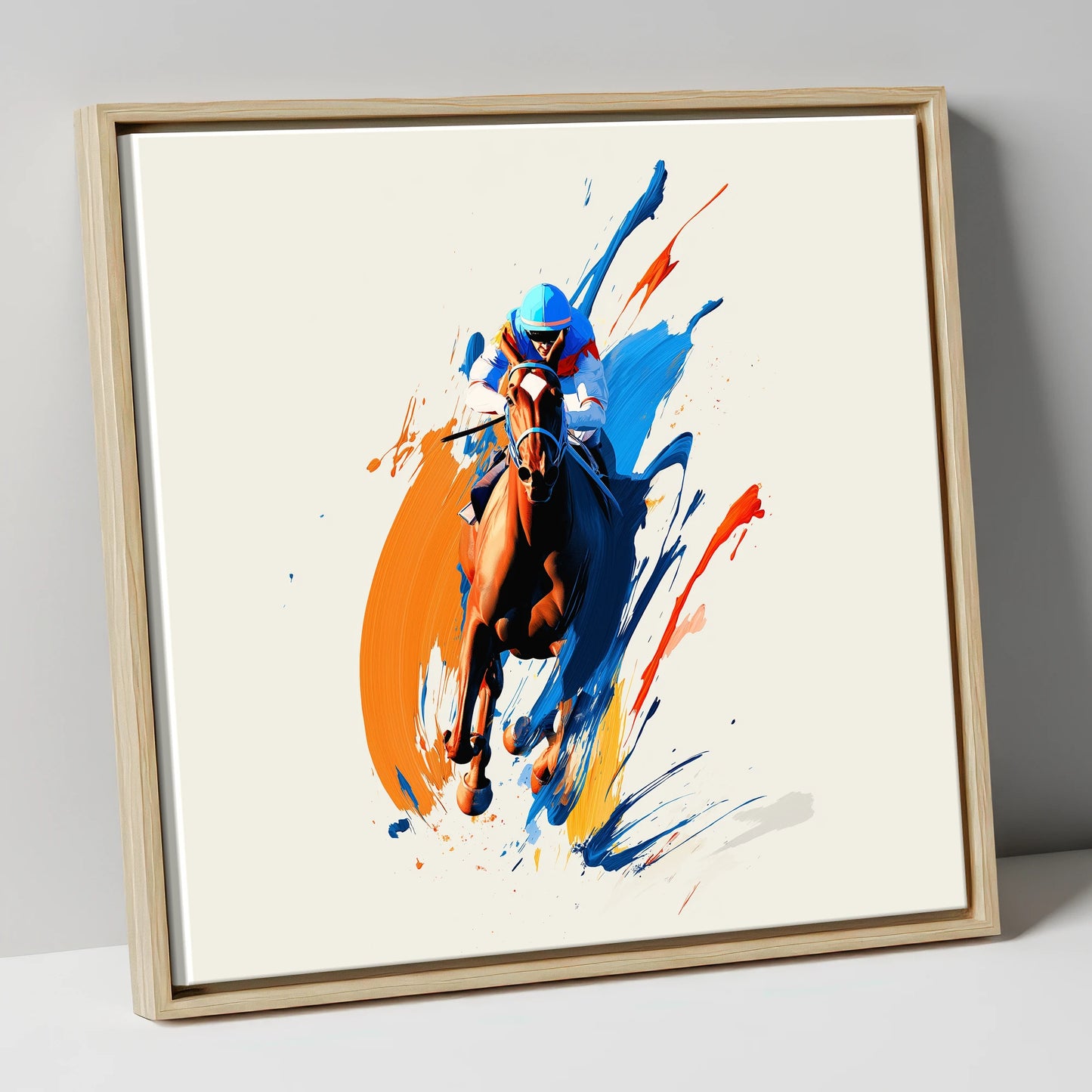 The Front Runner racing horse canvas wall art in natural frame