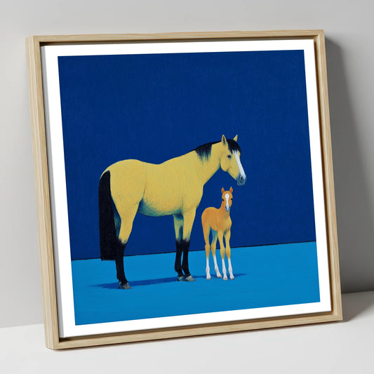 Striking Bonds in Blue mare & foal canvas wall art in natural frame