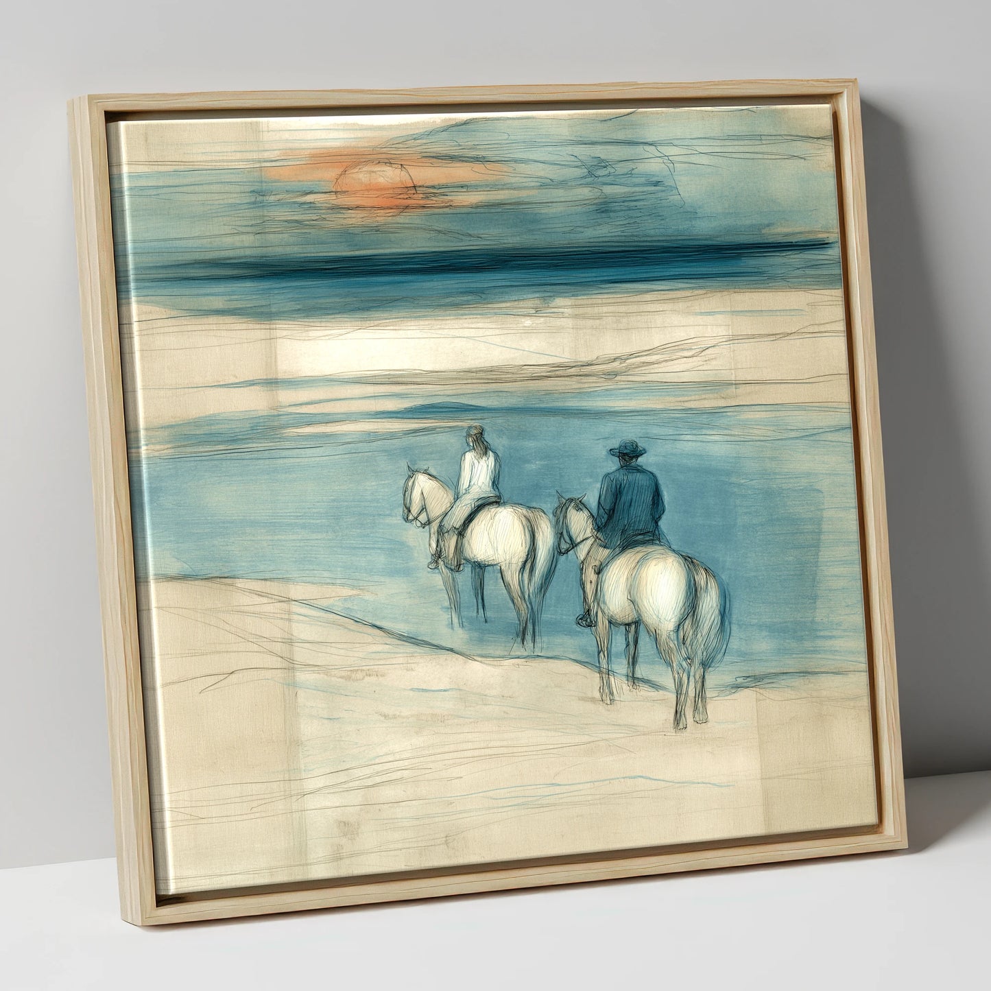 Twilight Shoreline Ride horse landscape canvas wall art in natural frame
