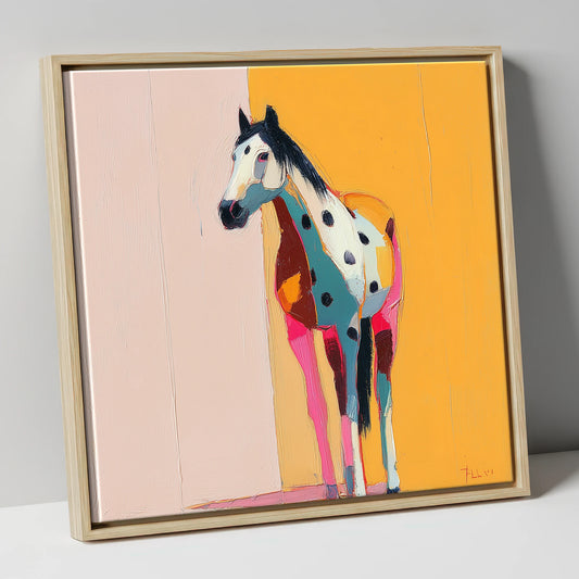 Technicolour Appaloosa horse breed canvas wall art in natural frame