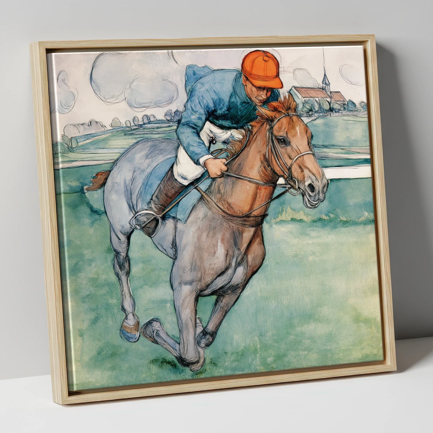 The Final Furlong racing horse canvas wall art in natural frame