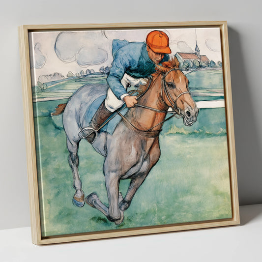 The Final Furlong racing horse canvas wall art in natural frame