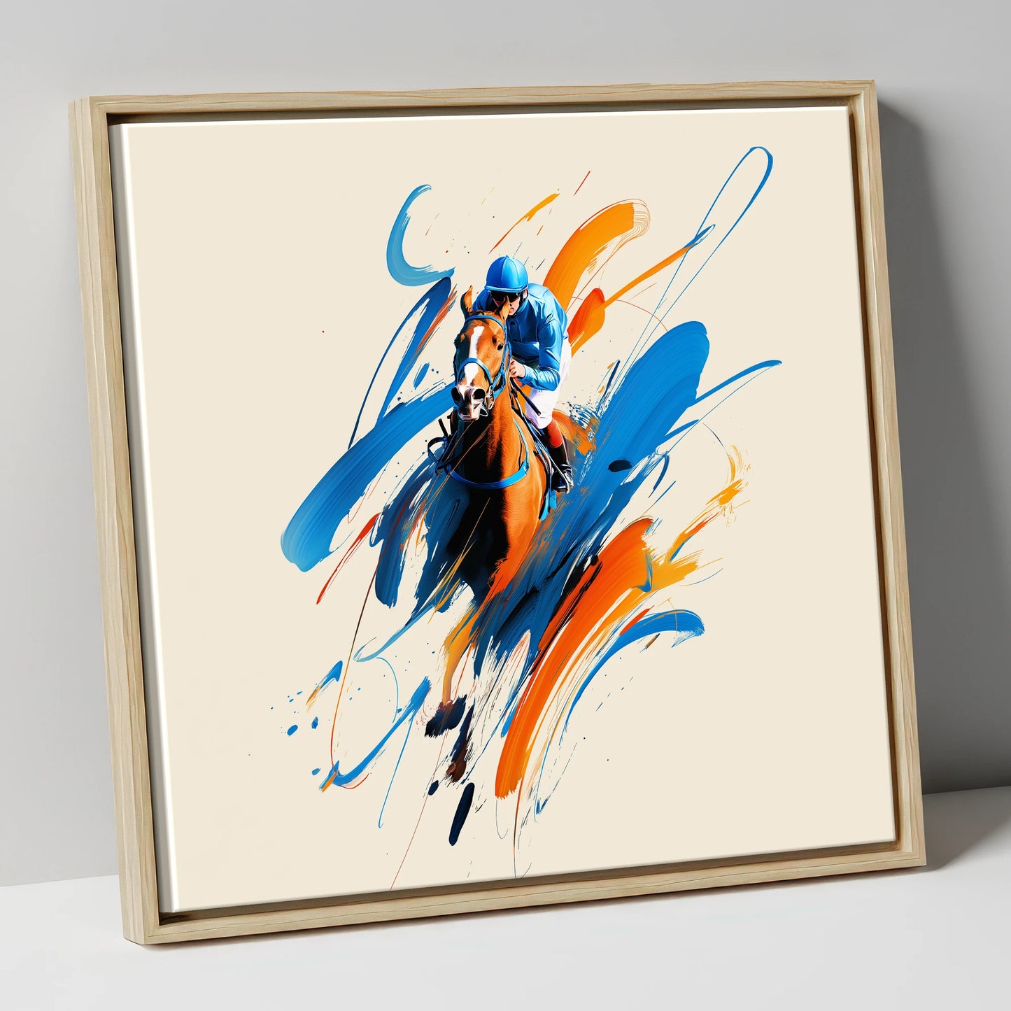 Sprint to the Wire racing horse canvas wall art in natural frame