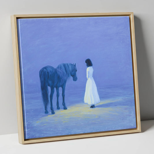 The Quiet Meeting horse & rider canvas wall art in natural frame