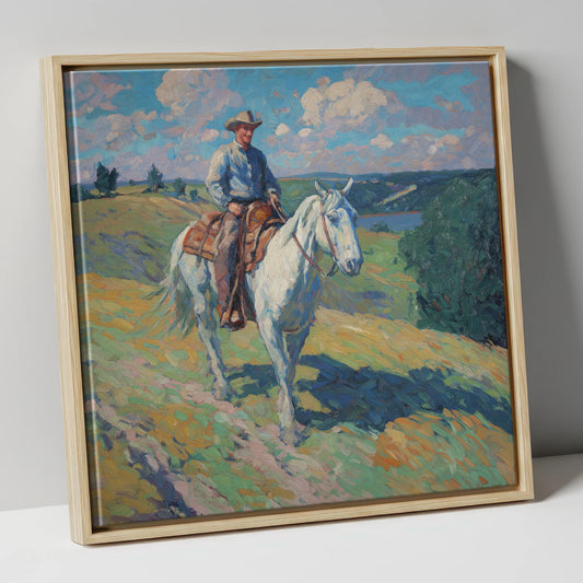 Riding the Ridge western horse canvas wall art in natural frame