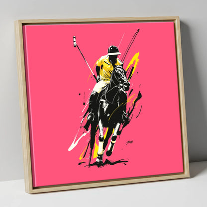 Velocity in Magenta polo horse canvas wall art in natural frame