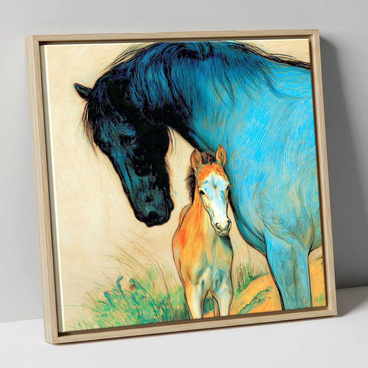 Vivid Devotion mare & foal canvas wall art in natural frame