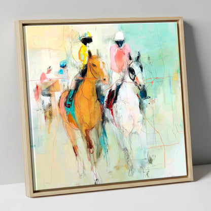 Echoes of the Turf racing horse canvas wall art in natural frame