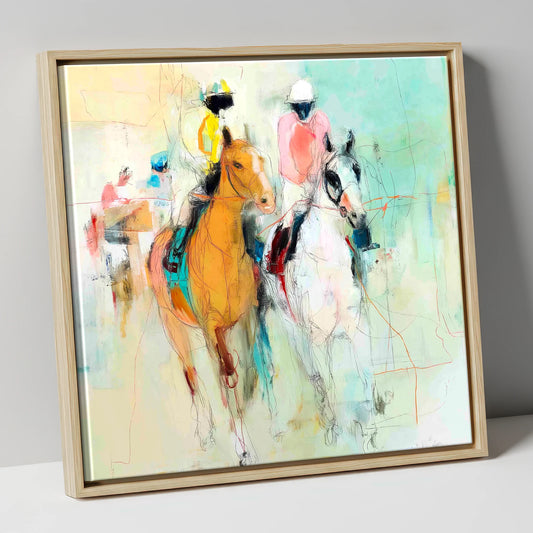 Echoes of the Turf racing horse canvas wall art in natural frame