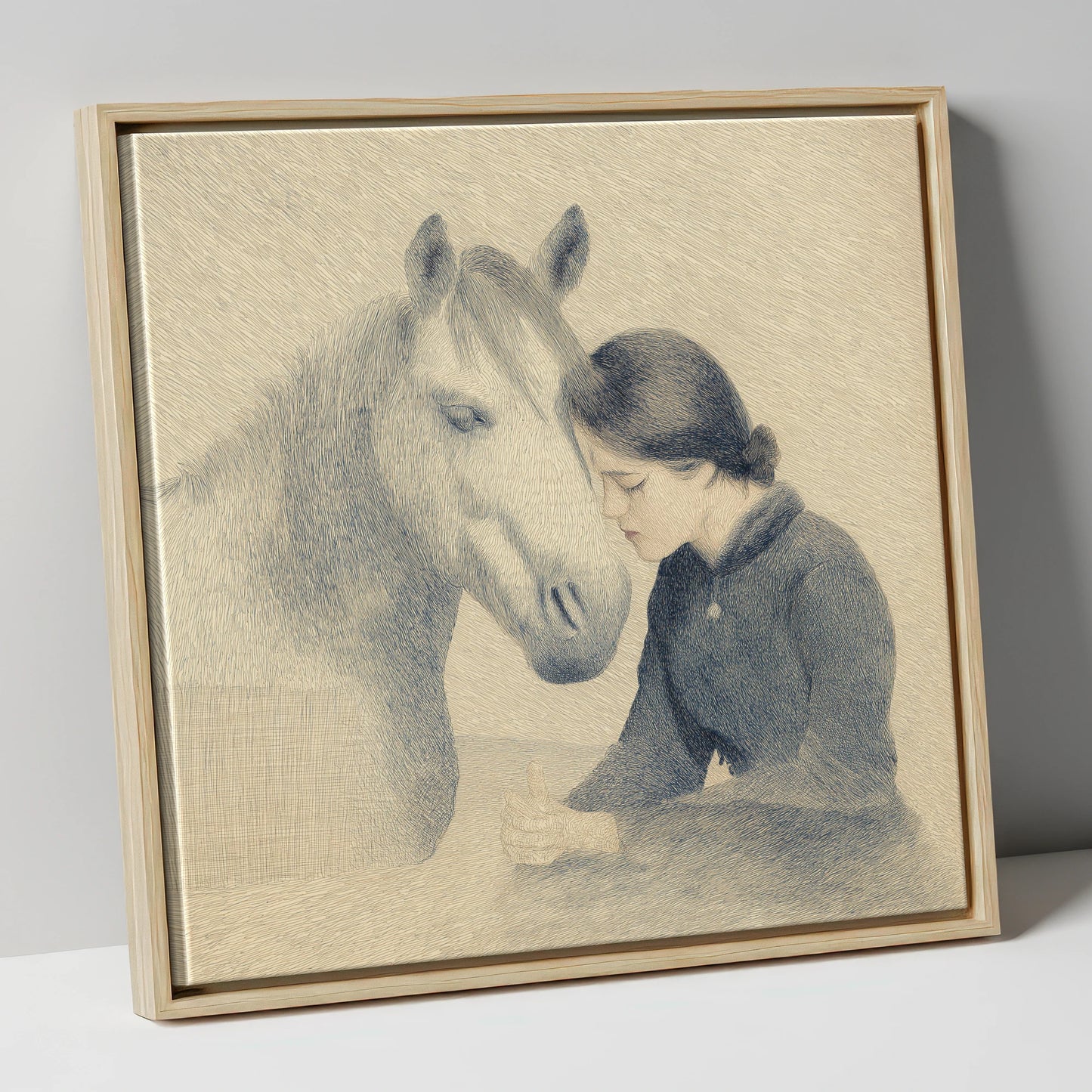 The Silent Bond horse & rider canvas wall art in natural frame