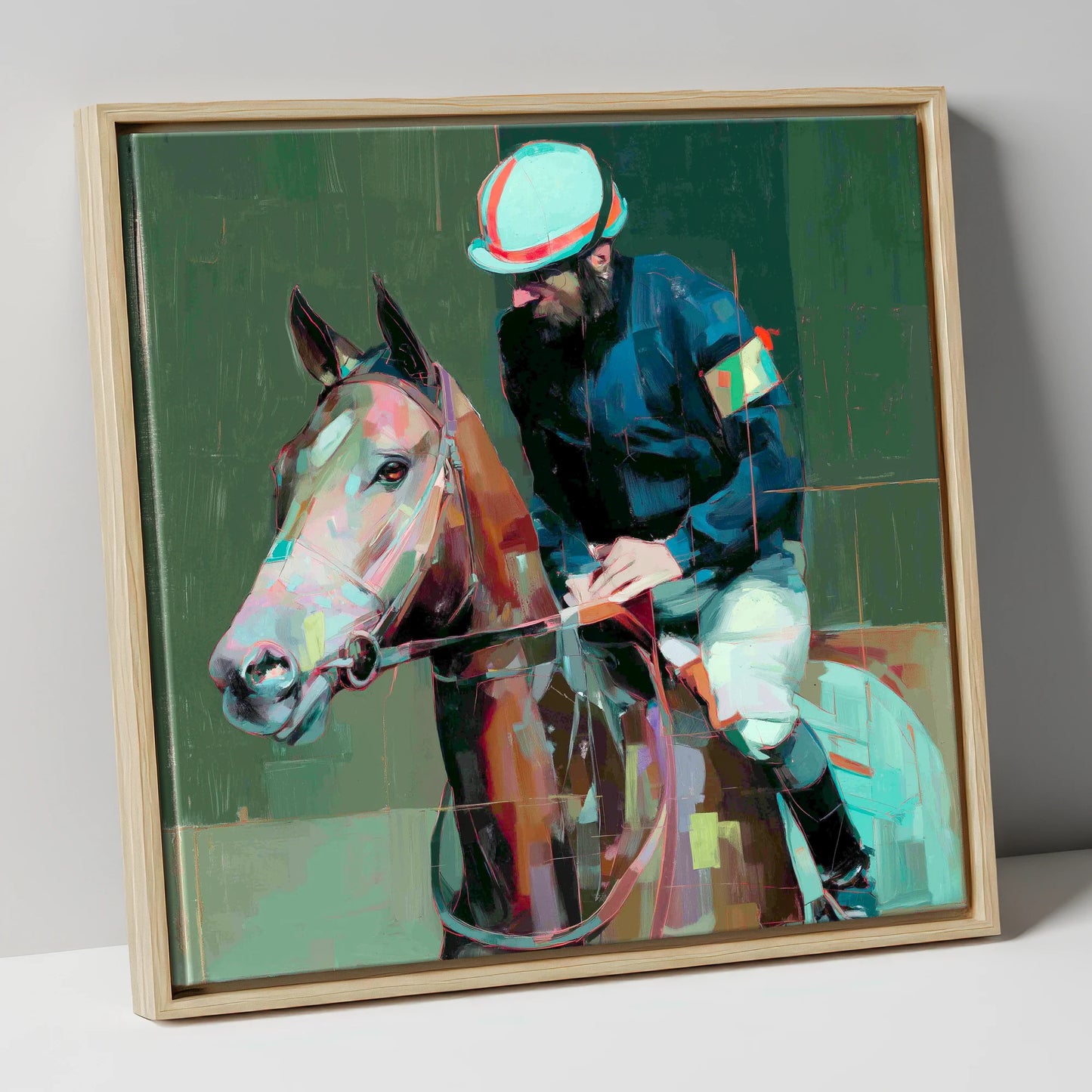 Quiet Intensity racing horse canvas wall art in natural frame