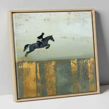 Flight Over Gold show jumping horse canvas wall art in natural frame