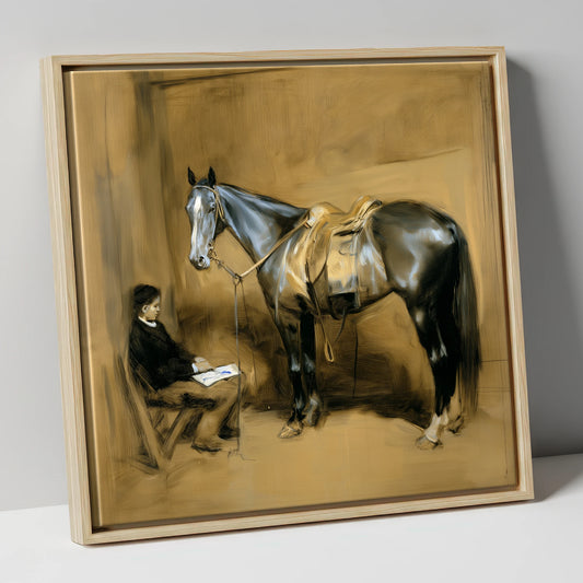 Quiet Stable Companions horse & rider canvas wall art in natural frame