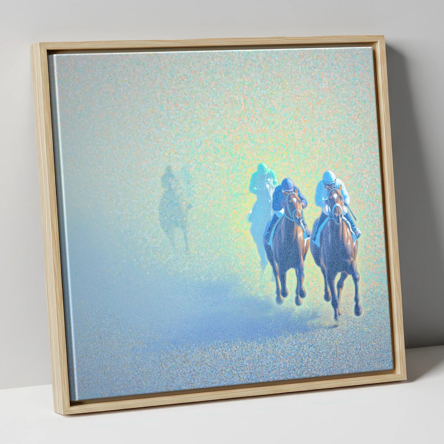 Luminous Morning Chase racing horse canvas wall art in natural frame
