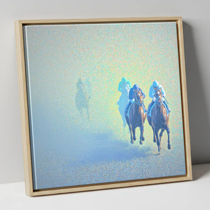 Luminous Morning Chase racing horse canvas wall art in natural frame