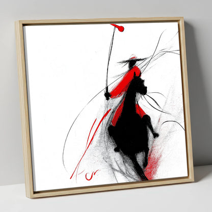 Crimson Polo Strike polo horse canvas wall art in natural frame