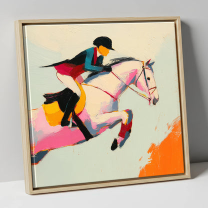 Technicolour Showjumper show jumping horse canvas wall art in natural frame