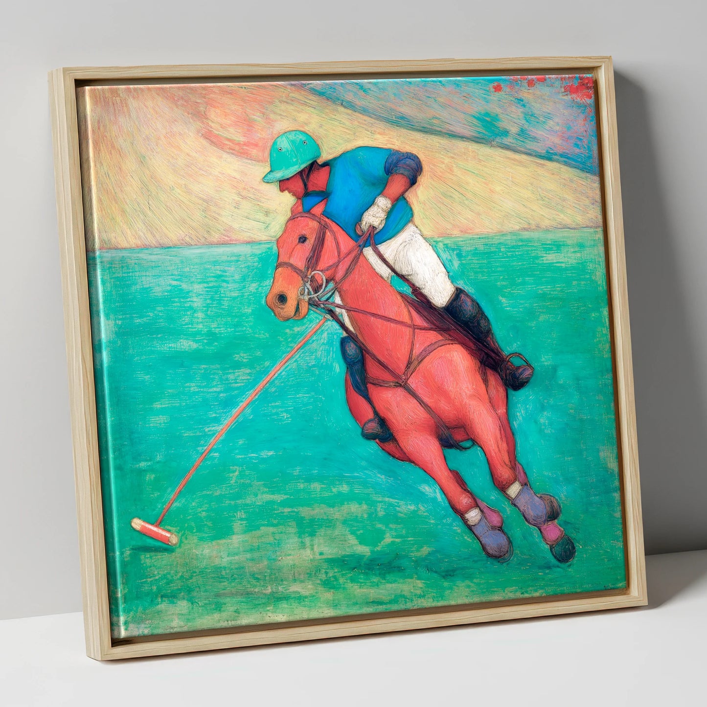 The Crimson Chukka polo horse canvas wall art in natural frame