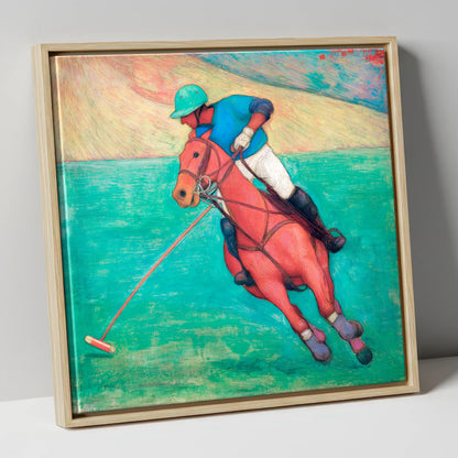 The Crimson Chukka polo horse canvas wall art in natural frame