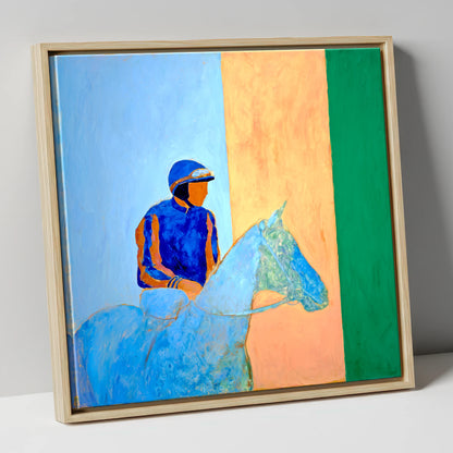 Stillness In The Saddle racing horse canvas wall art in natural frame