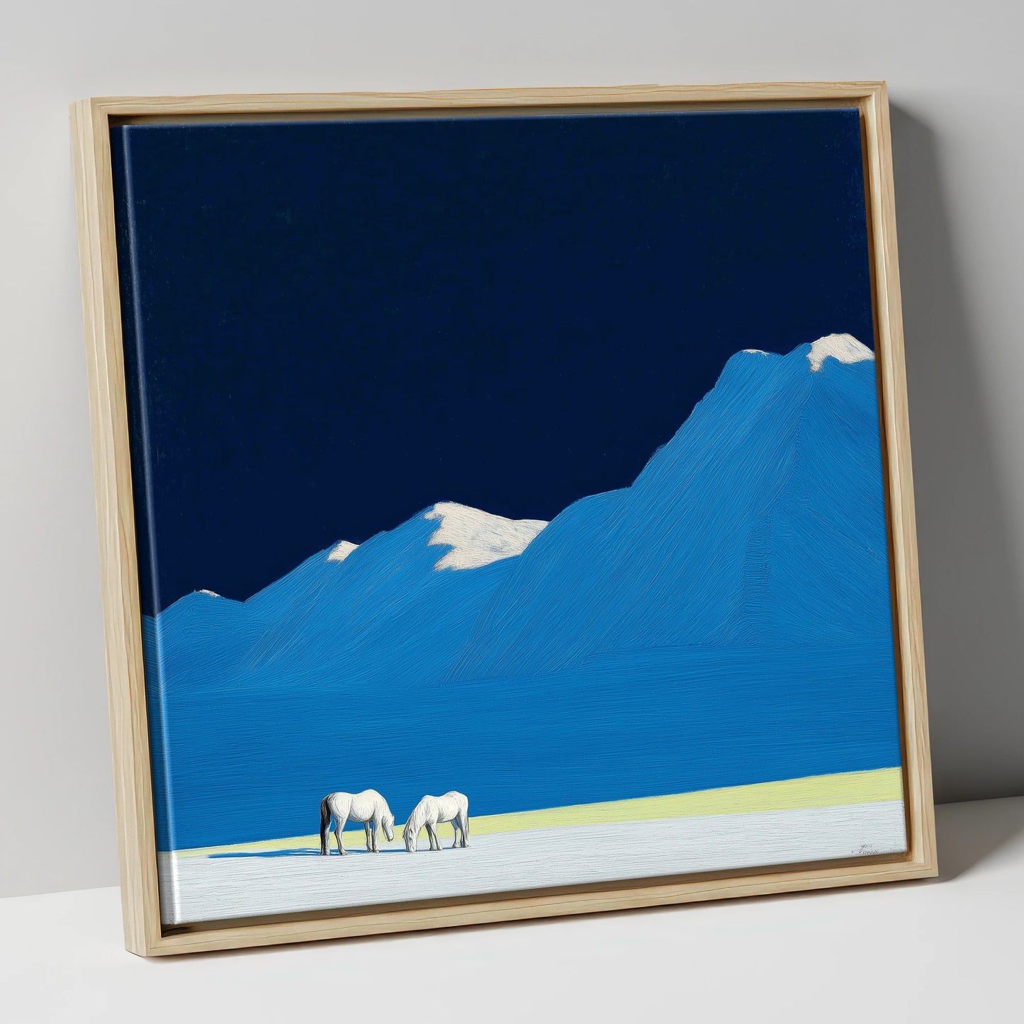 Cobalt Peaks and Greys horse landscape canvas wall art in natural frame