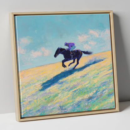 Gallop Across Gold racing horse canvas wall art in natural frame
