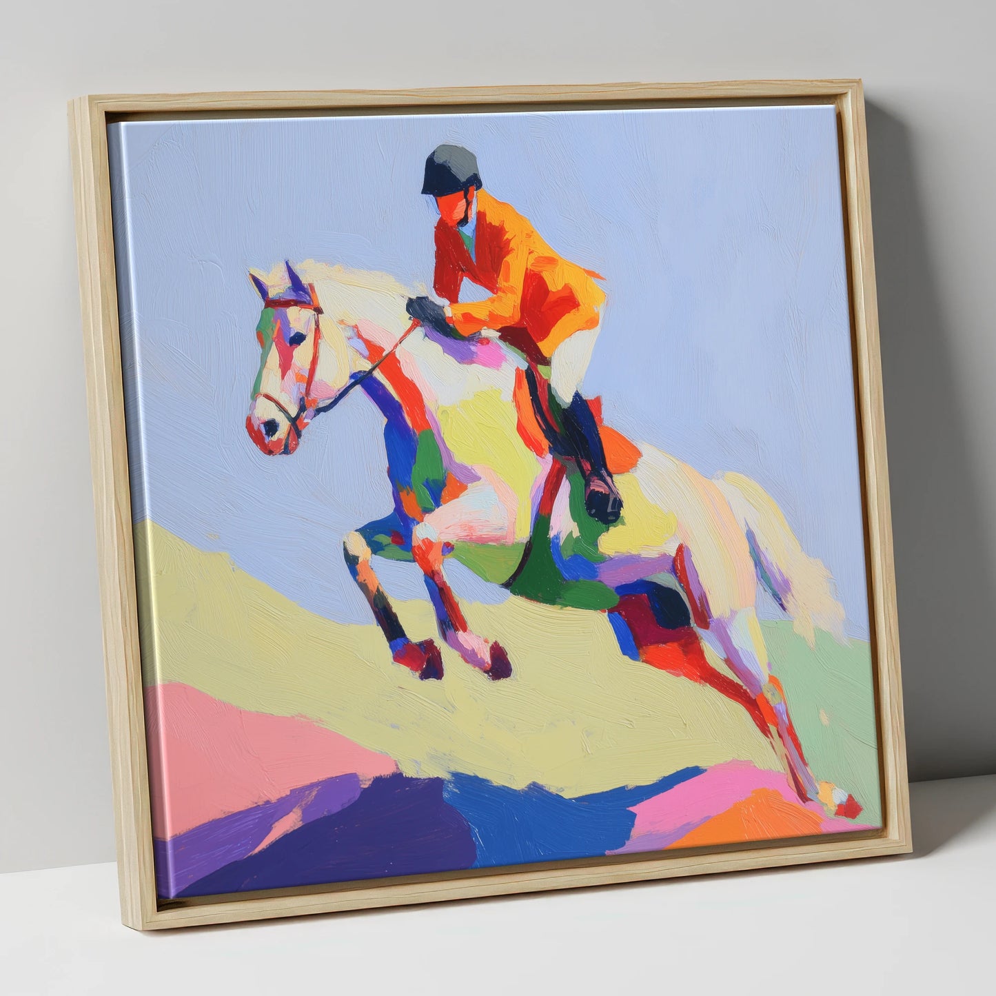 Technicolour Ascent show jumping horse canvas wall art in natural frame