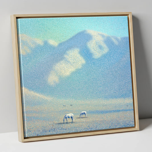Ethereal Mountain Grazing horse landscape canvas wall art in natural frame