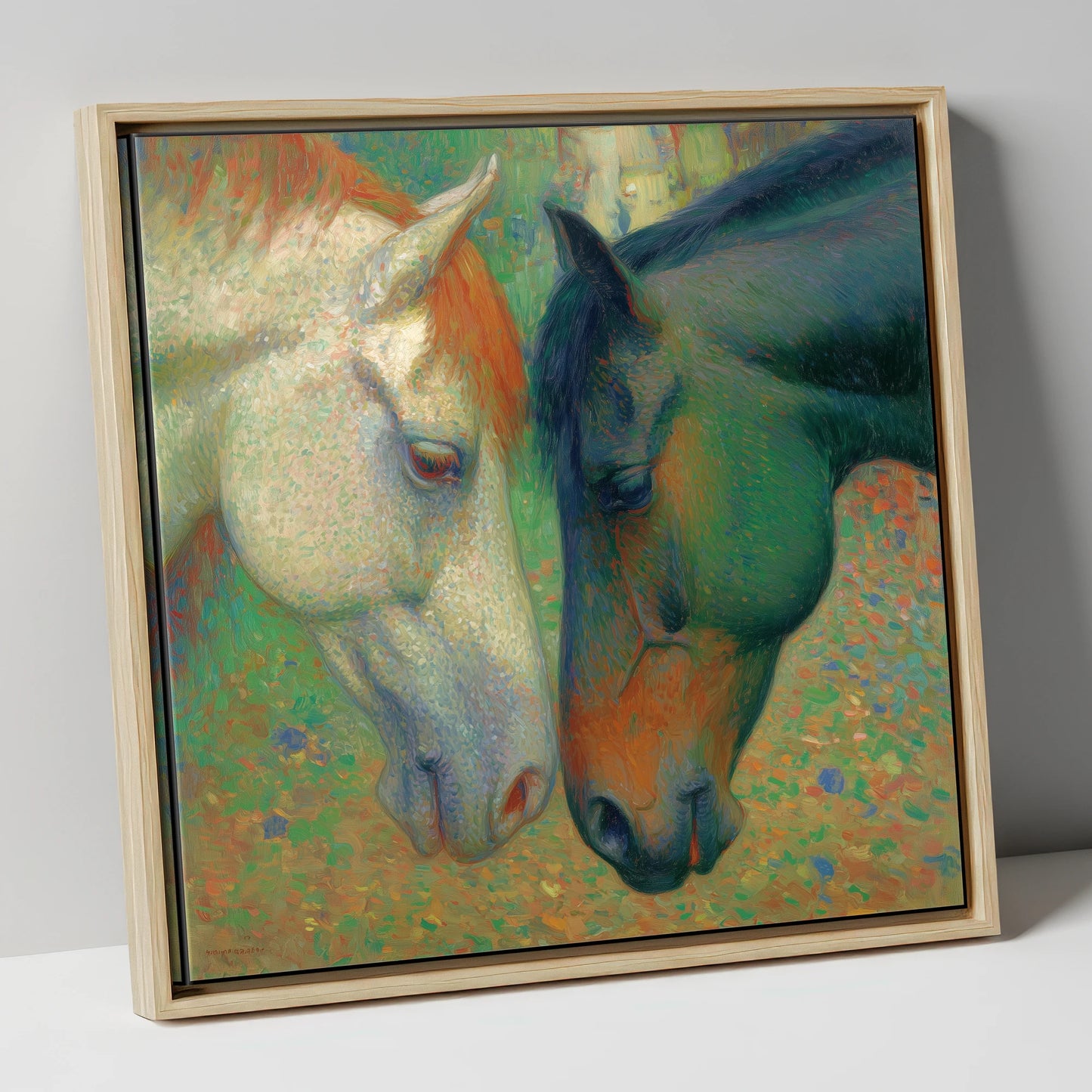 Dappled Companions horse portrait canvas wall art in natural frame