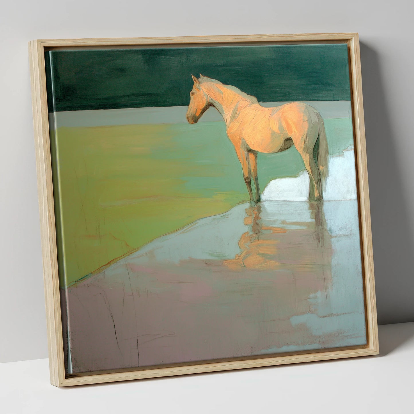 Serene Beach Reflection beach horse canvas wall art in natural frame