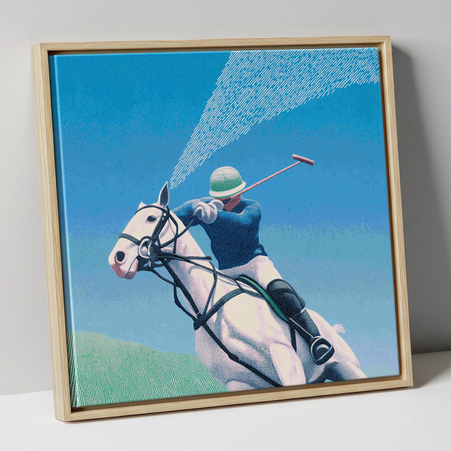 Skyward Swing polo horse canvas wall art in natural frame