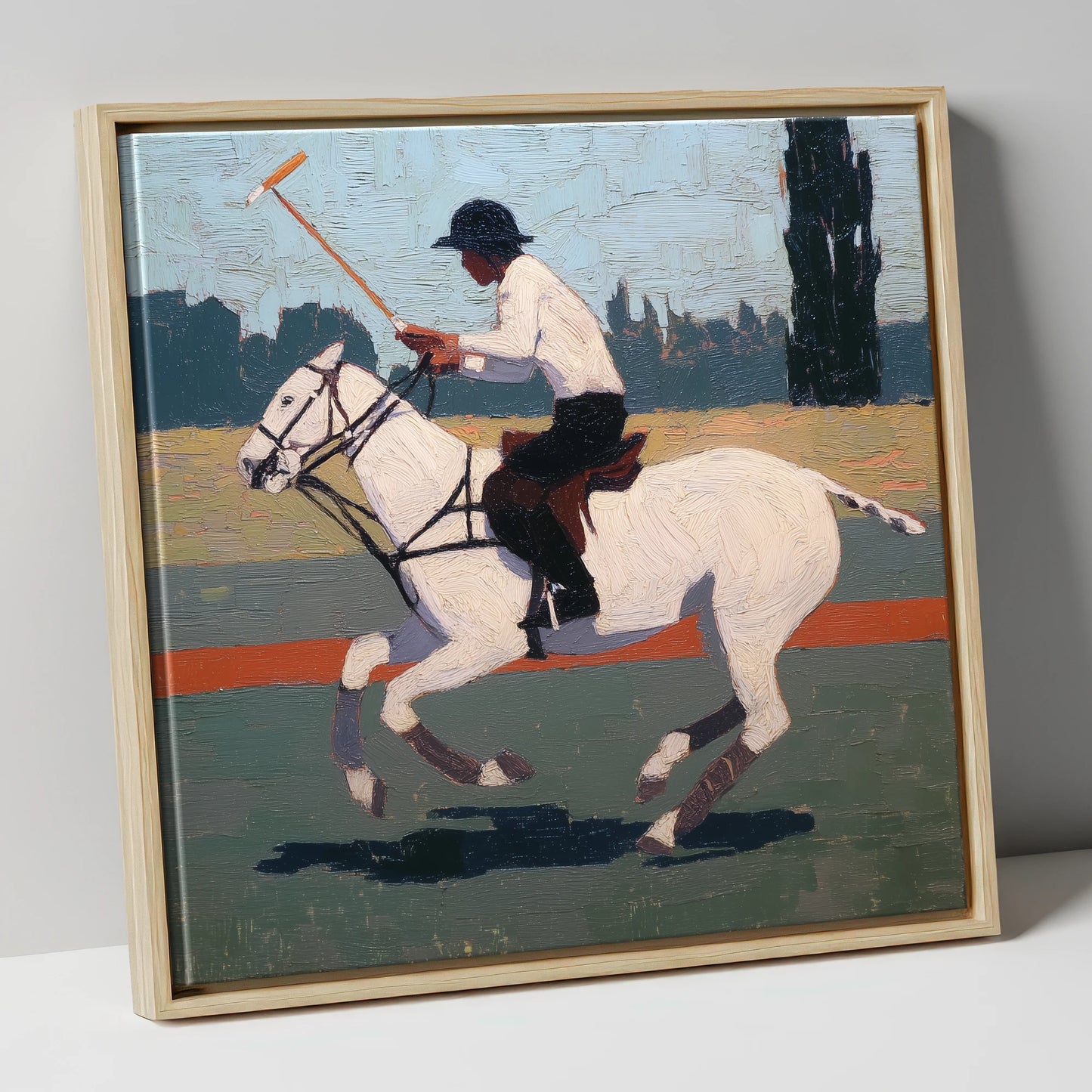 The Decisive Swing polo horse canvas wall art in natural frame