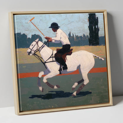 The Decisive Swing polo horse canvas wall art in natural frame