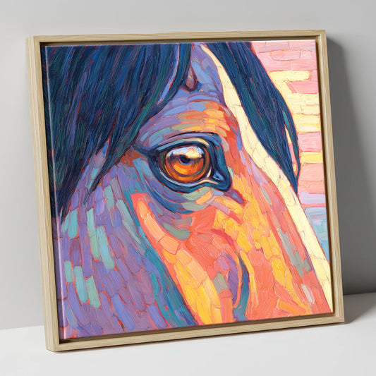 The Vivid Gaze horse portrait canvas wall art in natural frame