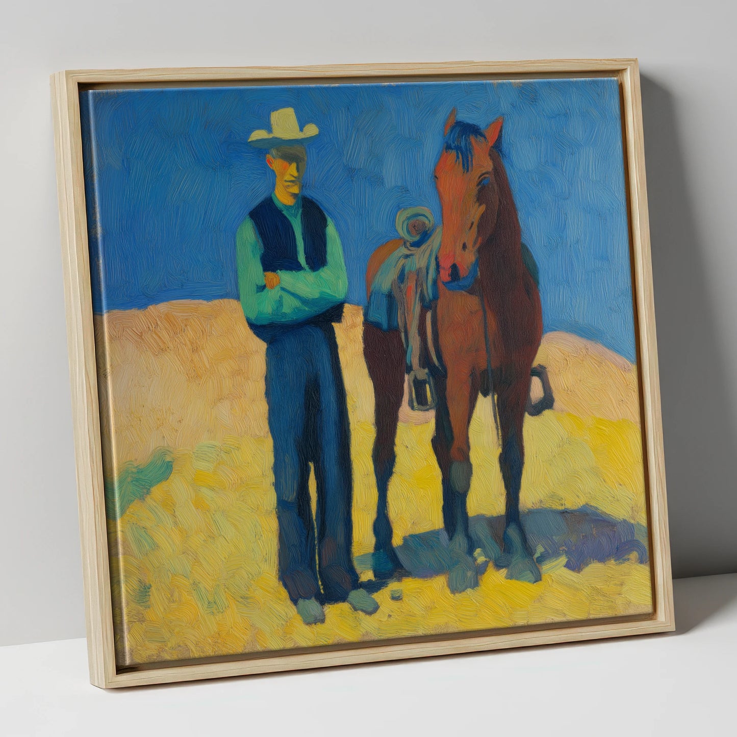 High Noon Shadows western horse canvas wall art in natural frame