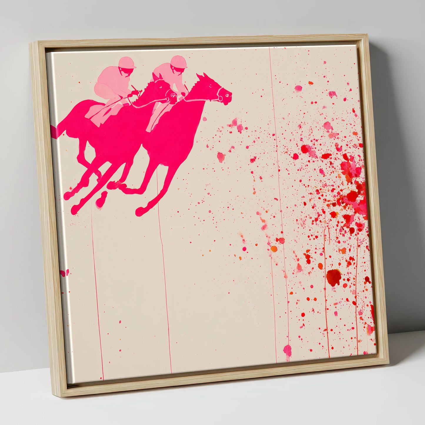 Vibrant Photo Finish racing horse canvas wall art in natural frame