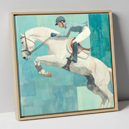 Airborne in Aquamarine show jumping horse canvas wall art in natural frame
