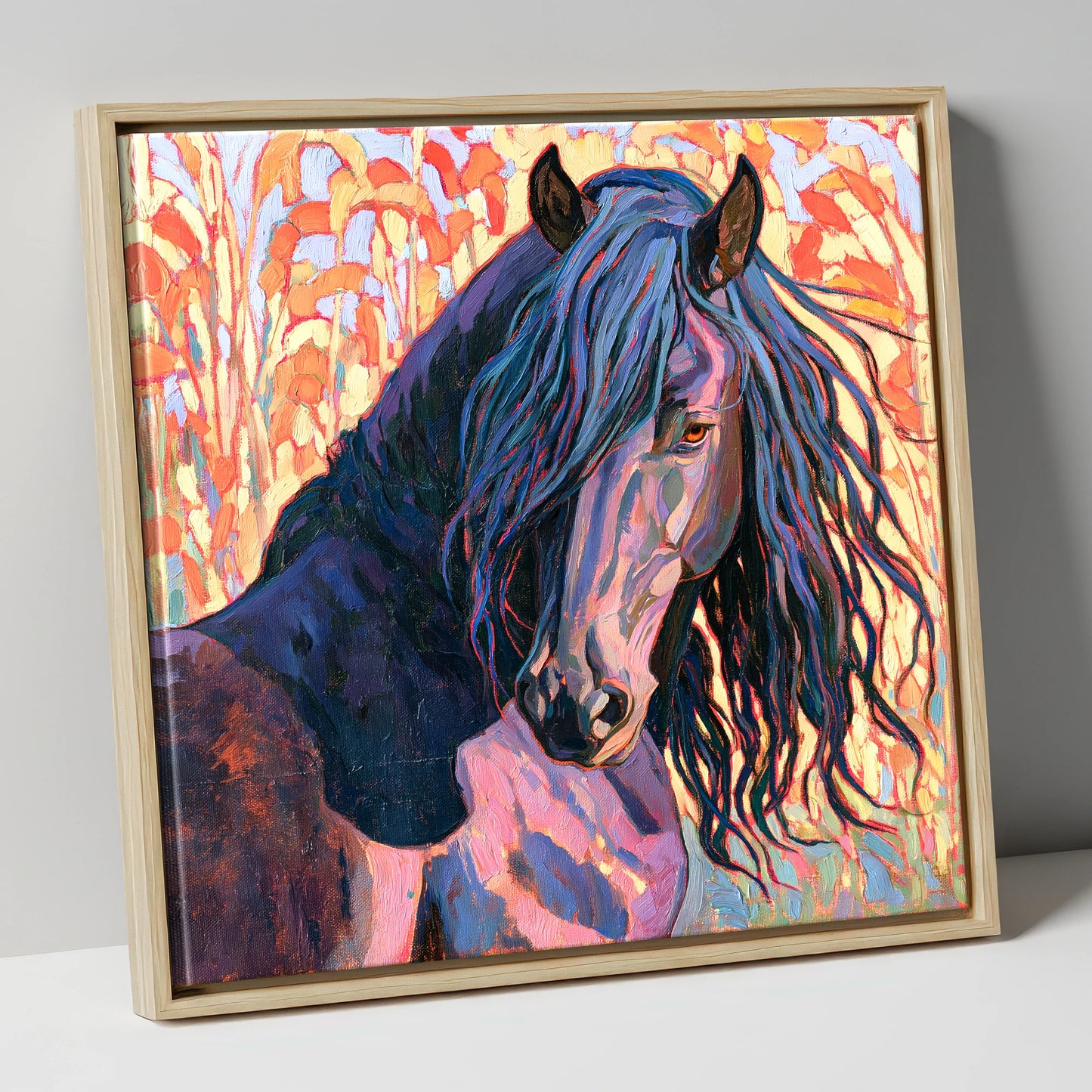 Colourful Friesian Horse Portrait horse breed canvas wall art in natural frame