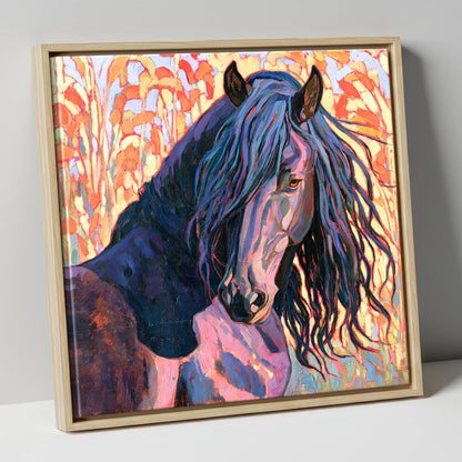Colourful Friesian Horse Portrait horse breed canvas wall art in natural frame