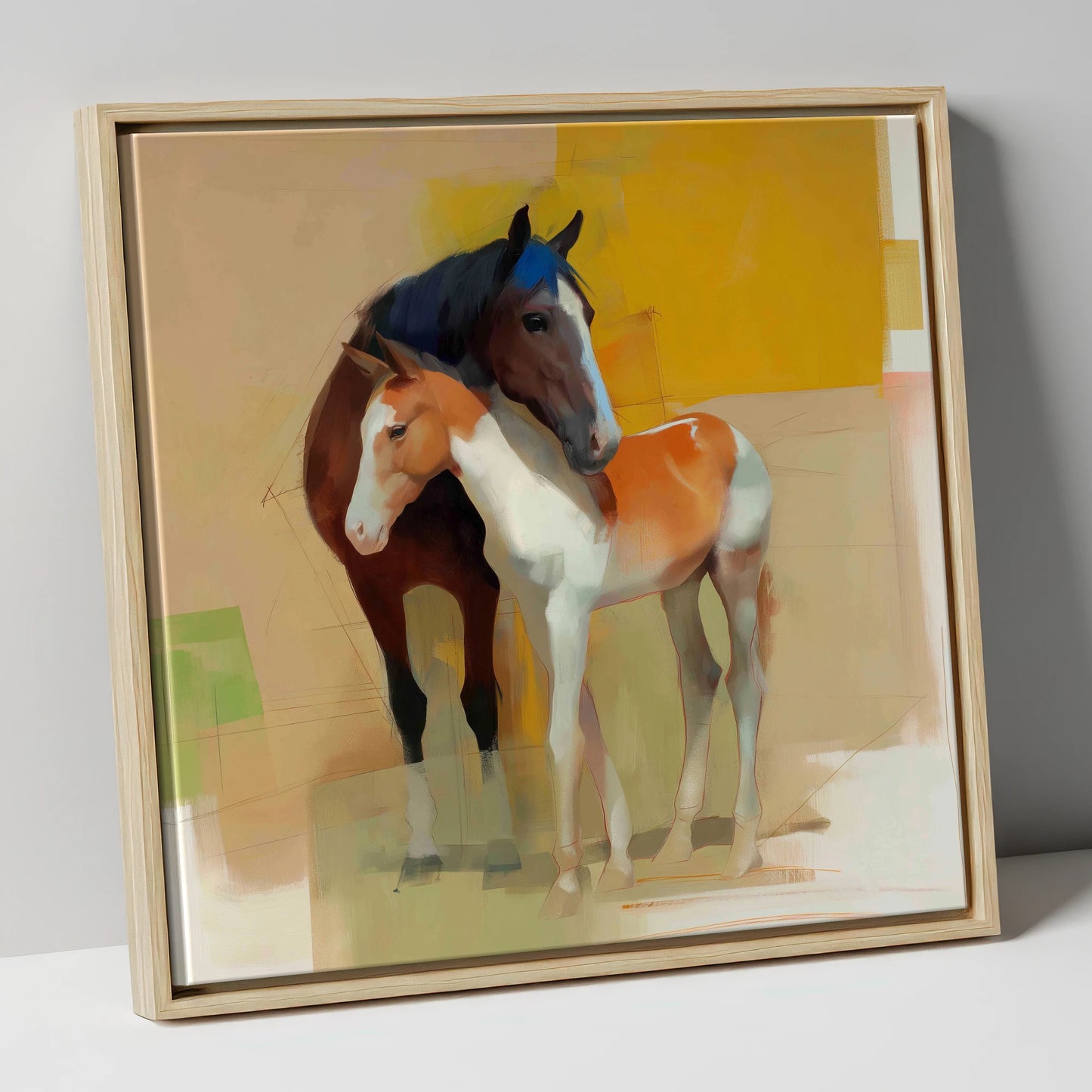 Vivid Bond mare & foal canvas wall art in natural frame