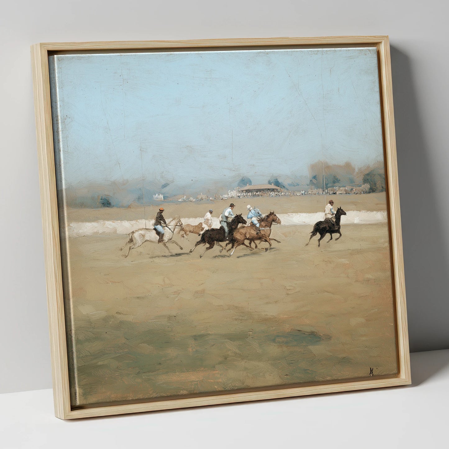 Vintage Polo Charge polo horse canvas wall art in natural frame
